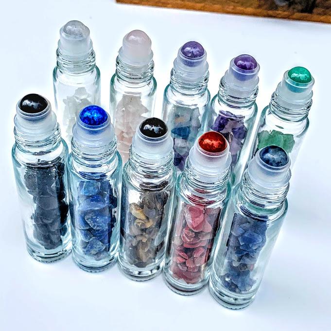 Set of 10 Gemstone Roller Glass Bottles For Essential Oils