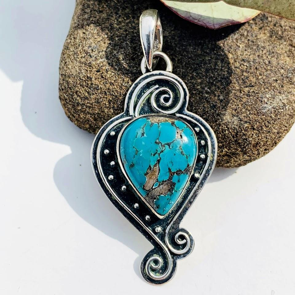 Elegant Tibetan Turquoise Sterling Silver Pendant (Includes Silver Chain) - Earth Family Crystals