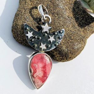 Trendy Crescent Moon & Stars Rhodochrosite Oxidized Sterling Silver Pendant (Includes Silver Chain) - Earth Family Crystals