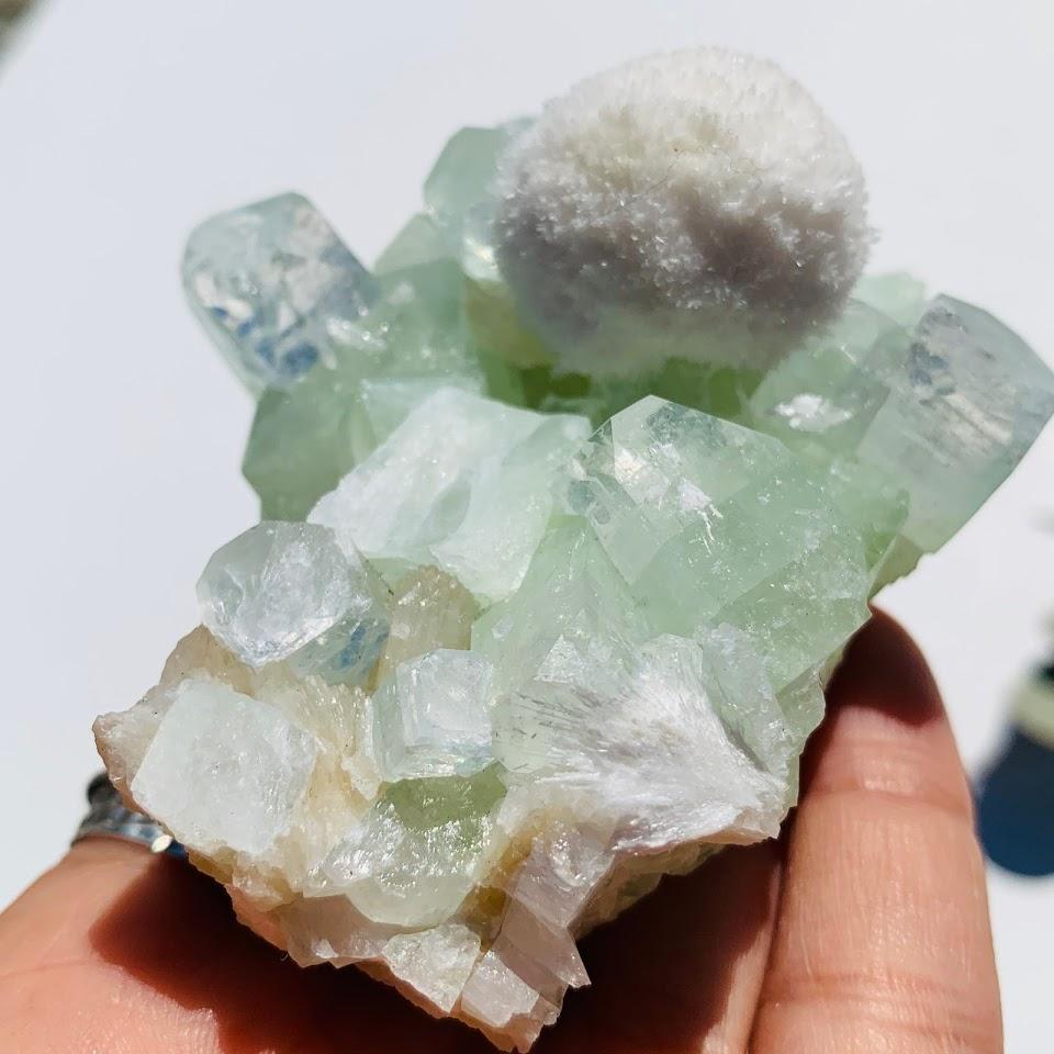 Rare Creamy White Mordenite Nestled in Green Apophyllite Matrix from India - Earth Family Crystals