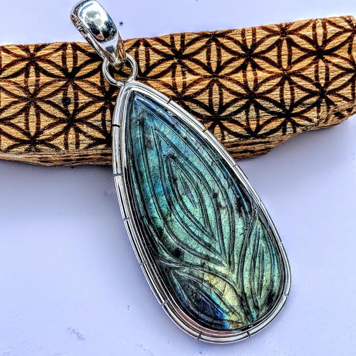 Fabulous Flower Carved Large Labradorite Pendant in Sterling Silver (Includes Silver Chain) #1 - Earth Family Crystals