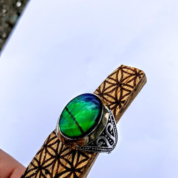 High Grade Quartz Capped Alberta Ammolite Ring in Sterling Silver (Size 11)