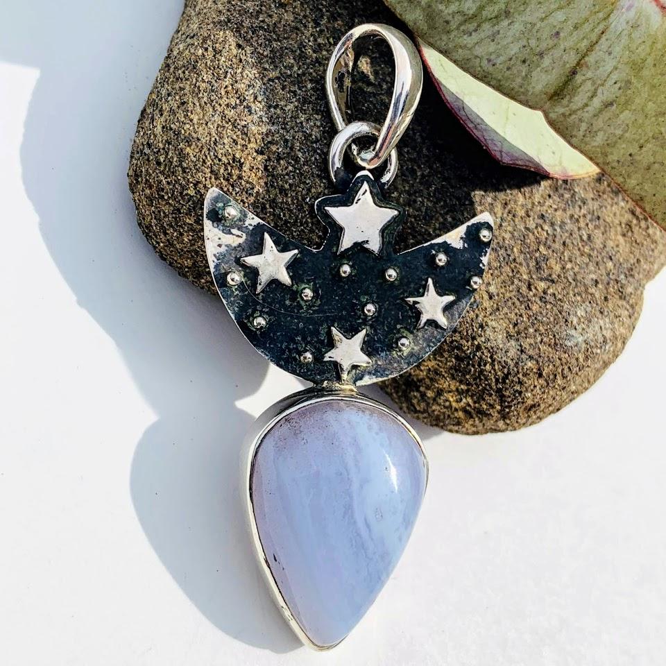 Trendy Crescent Moon & Stars Blue Lace Agate Oxidized Sterling Silver Pendant (Includes Silver Chain) - Earth Family Crystals