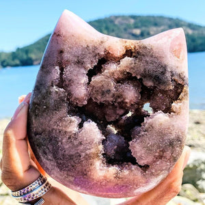 Adorable XXL Pink Amethyst Druzy Cat Head Geode Carving - Earth Family Crystals