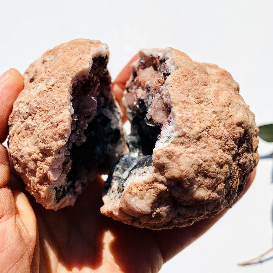 Complete Geode Set of 2 Matching Halves~Pink Amethyst With Black & Clear Calcite Inclusions From Patagonia - Earth Family Crystals