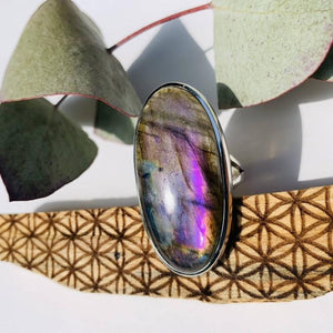 Chunky & Rare Silky Purple Labradorite Gemstone Ring in Sterling Silver (Size 10) - Earth Family Crystals