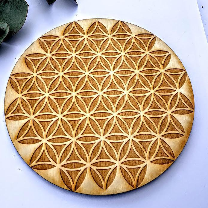 Crystal Mandala Set -Includes Flower of Life Birch Wood Board Natural Golden Spirit Quartz & 6 Golden Healer Quartz Points - Earth Family Crystals