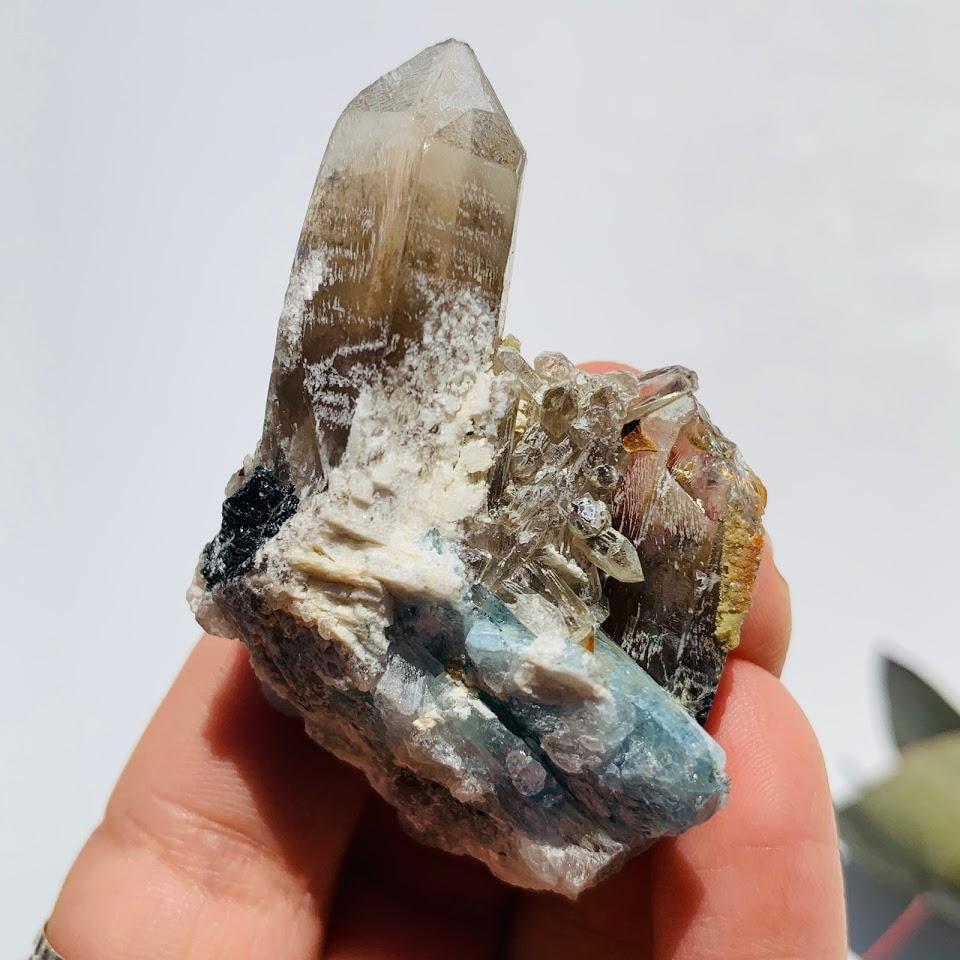 Blue Aquamarine Smoky Quartz & Black Tourmaline Cluster From Brazil - Earth Family Crystals