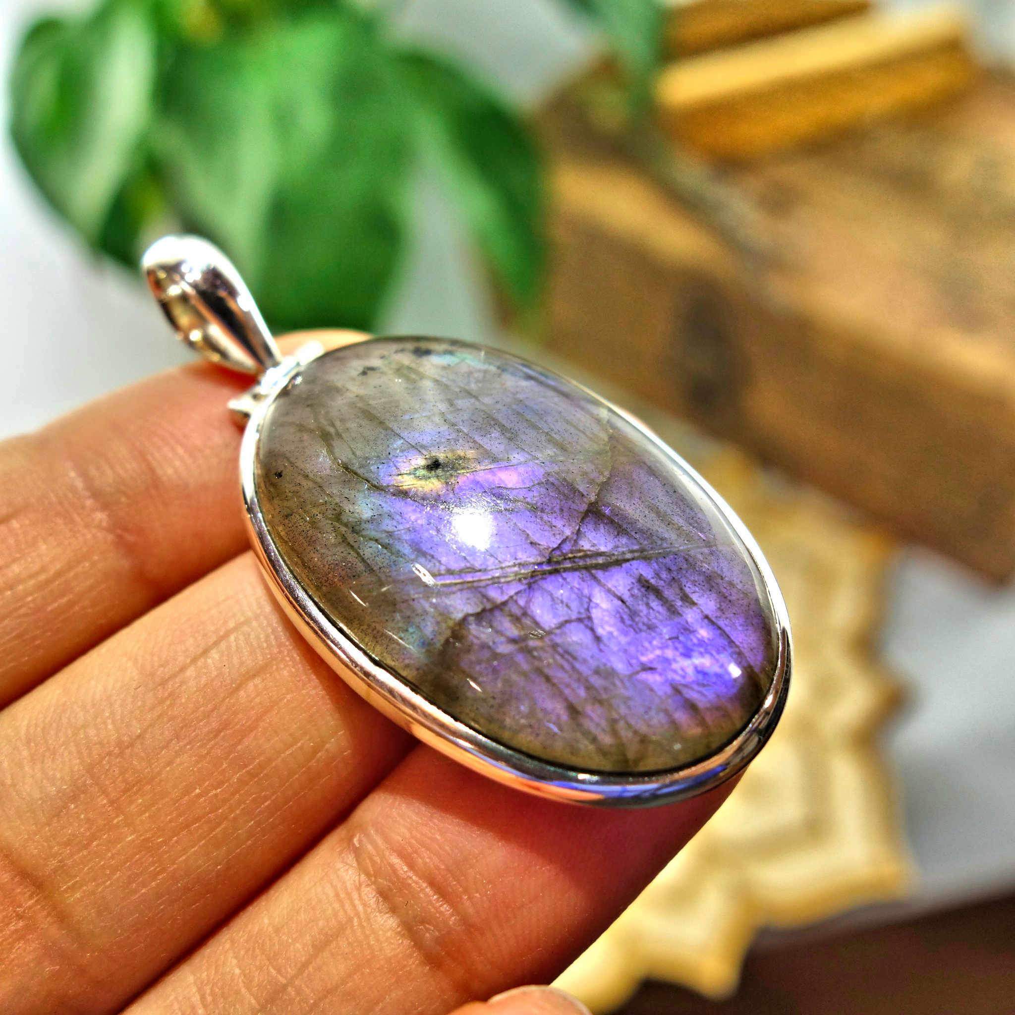 Rare! Pretty Purple & Blue  Flashes Labradorite Pendant in Sterling Silver (Includes Silver Chain)