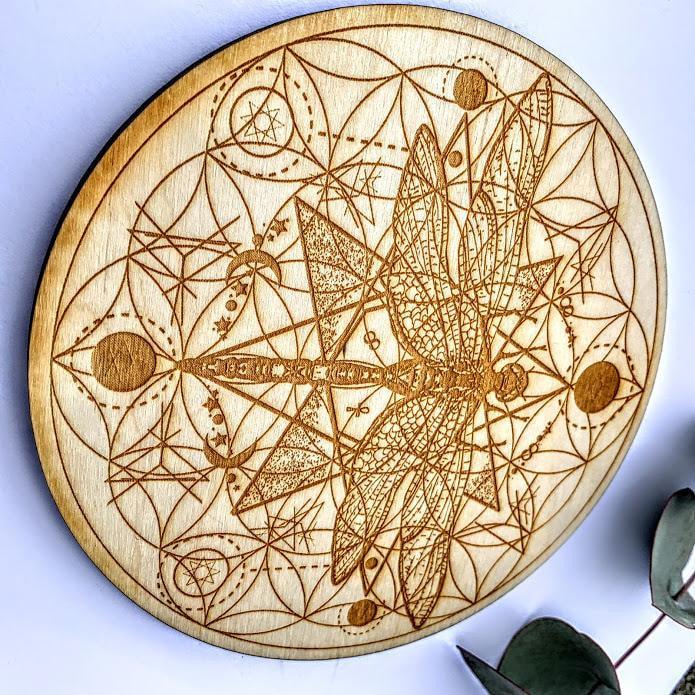 Crystal Mandala Set -Includes Dragonfly Flower of Life Birch Wood Board, Natural Golden Spirit Quartz & 6 Golden Healer Quartz Points - Earth Family Crystals