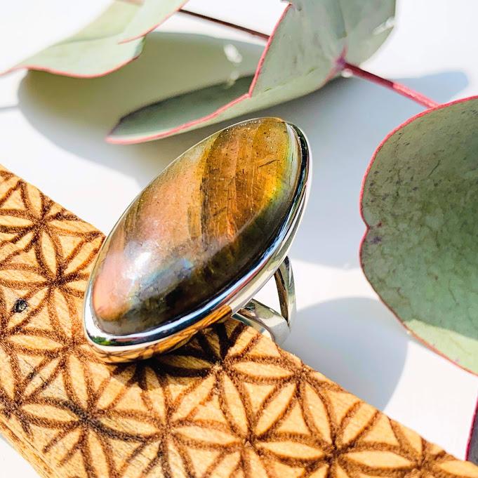 Pretty Salmon Pink Labradorite Ring in Sterling Silver (Size 7.5) - Earth Family Crystals