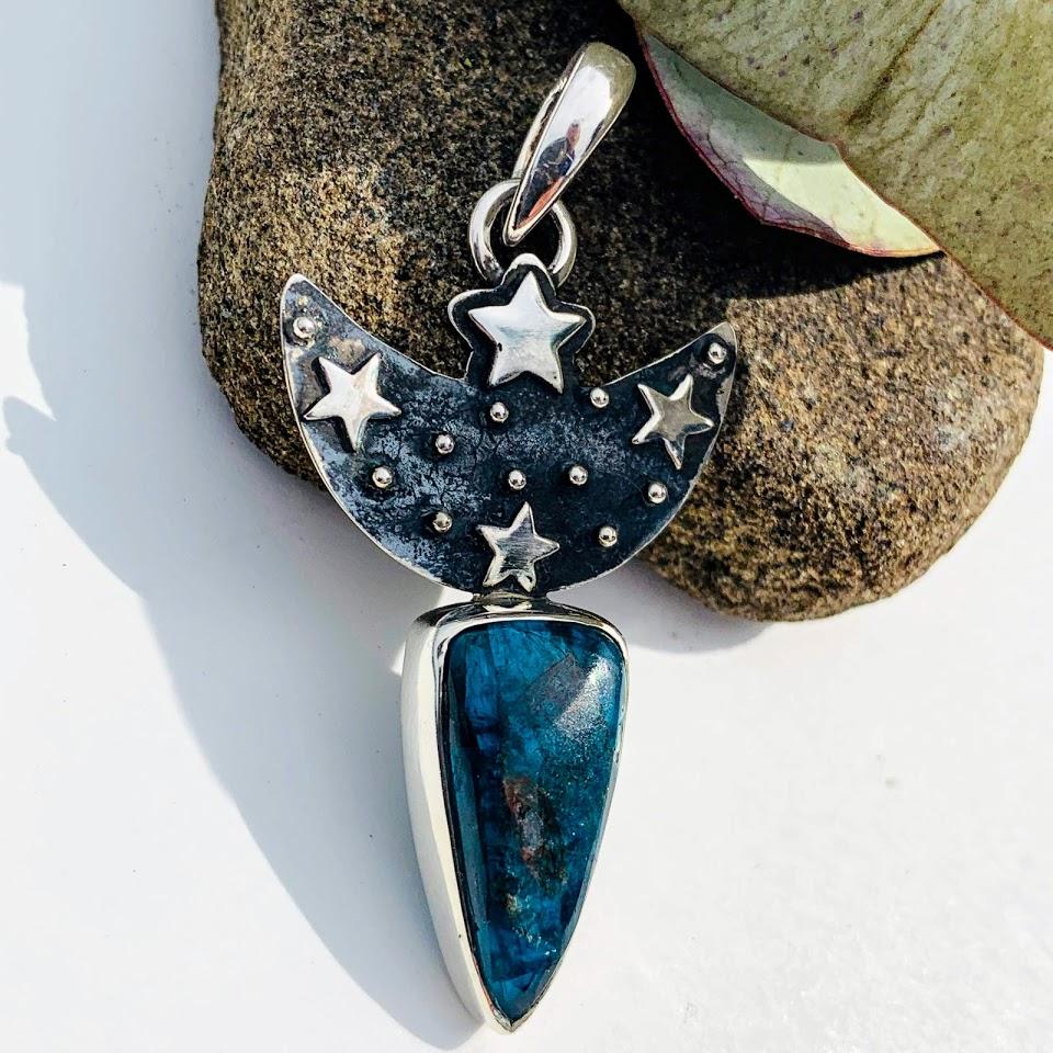 Trendy Crescent Moon & Stars Blue Apatite Oxidized Sterling Silver Pendant (Includes Silver Chain) - Earth Family Crystals