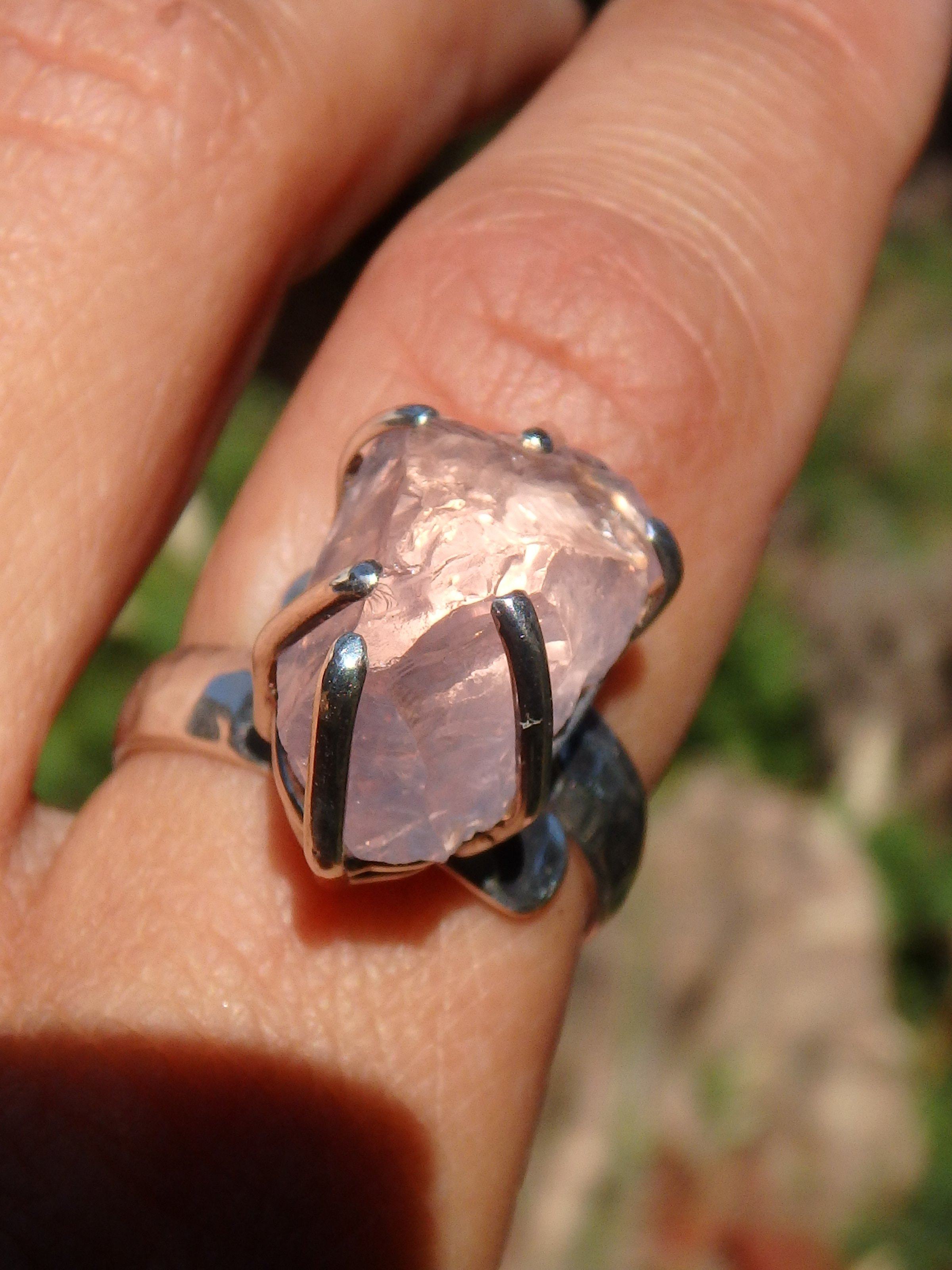 Chunky Incredible Pink Raw Morganite Ring In Sterling Silver (Size Adjustable-7.5-8.5) - Earth Family Crystals