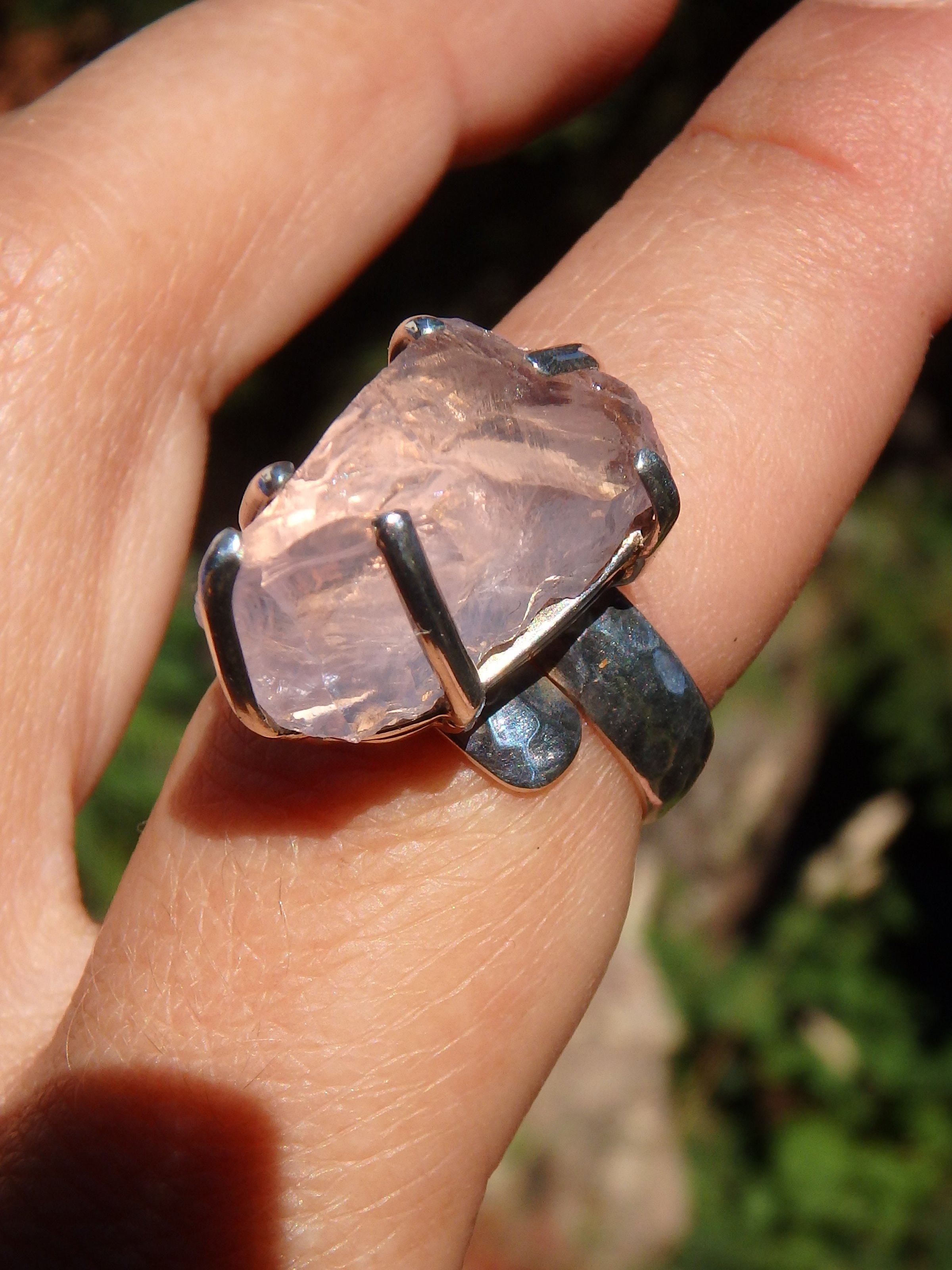 Chunky Incredible Pink Raw Morganite Ring In Sterling Silver (Size Adjustable-7.5-8.5) - Earth Family Crystals