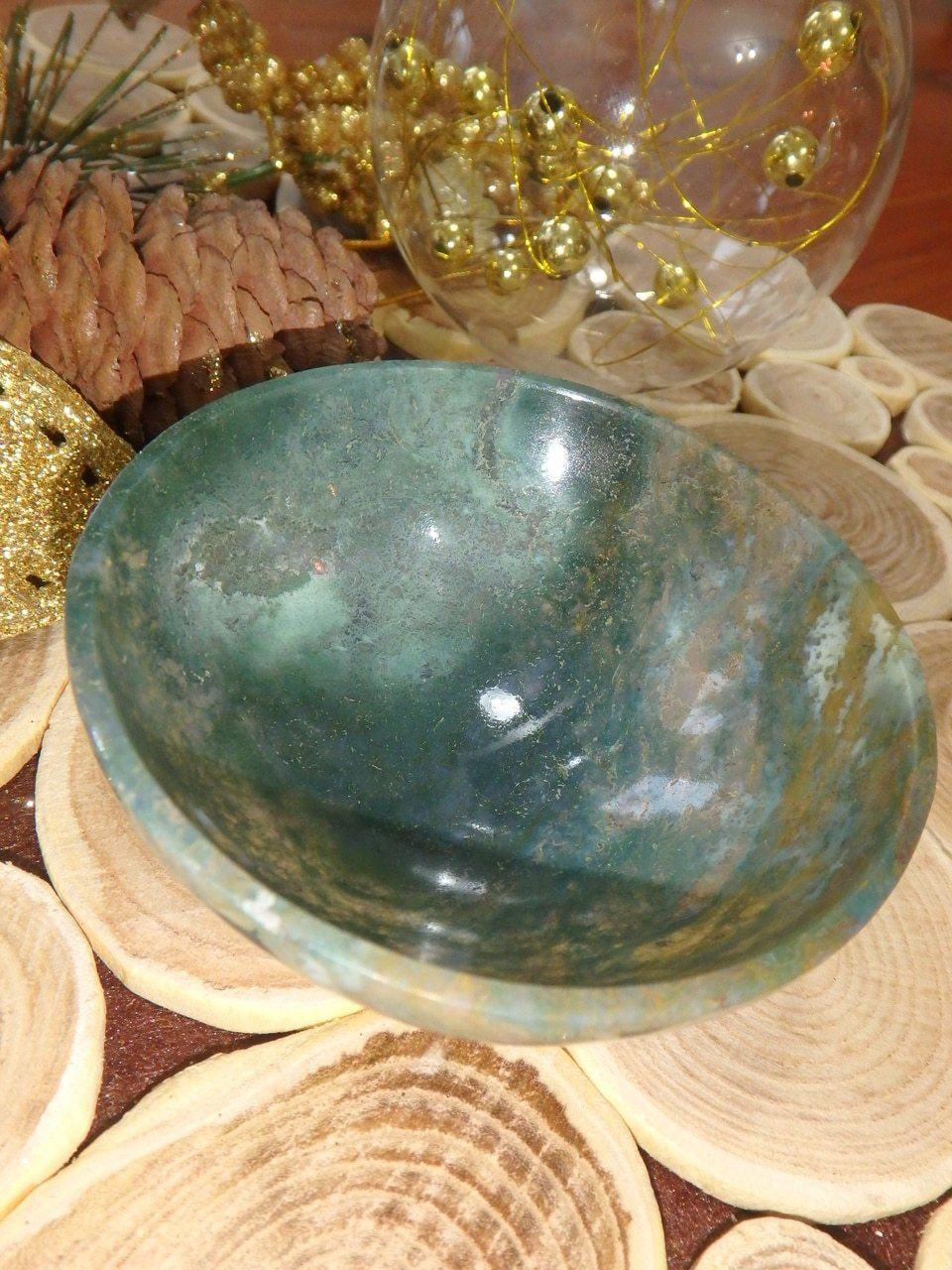 Beautiful Green Depth Moss Agate Bowl Carving 2 - Earth Family Crystals