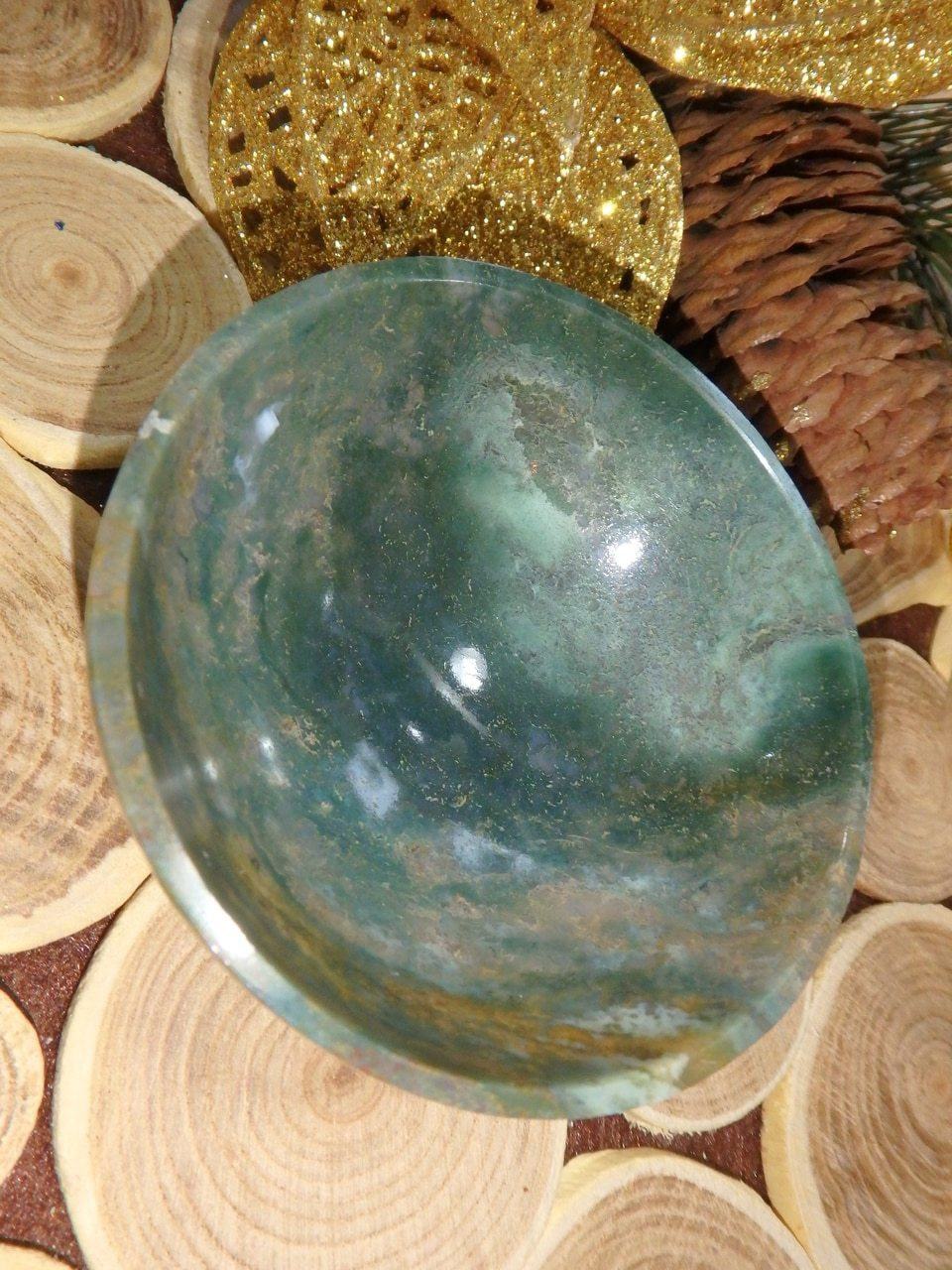 Beautiful Green Depth Moss Agate Bowl Carving 2 - Earth Family Crystals