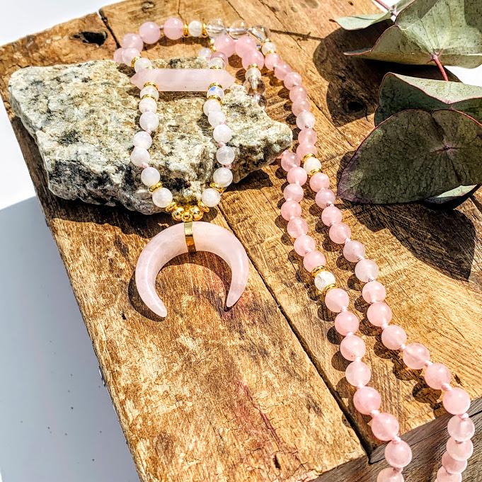 Stunning Beaded Rose Quartz Moon & Rainbow Moonstone Long Mala Style Necklace