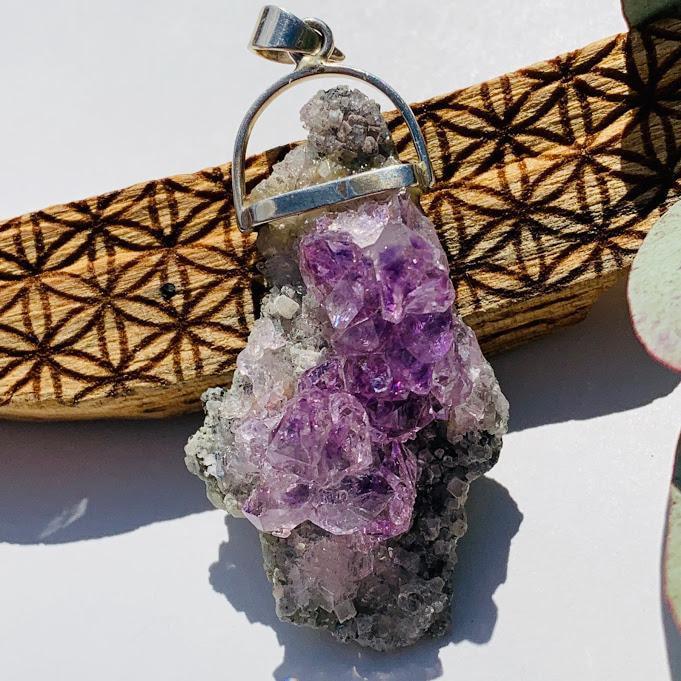 Breathtaking Gemmy Raw Lavender Amethyst Flower on Matrix Sterling Silver Pendant (Includes Silver Chain) - Earth Family Crystals