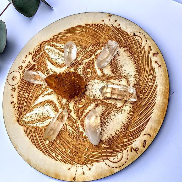 Crystal Mandala Set -Includes Fox Birch Wood Board, Natural Golden Spirit Quartz & 6 Golden Healer Quartz Points - Earth Family Crystals