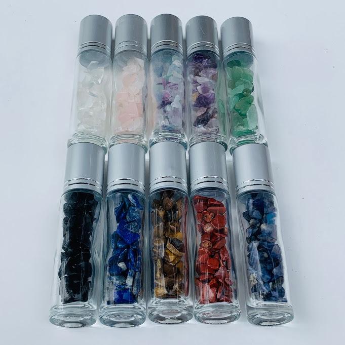 Set of 10 Gemstone Roller Glass Bottles For Essential Oils