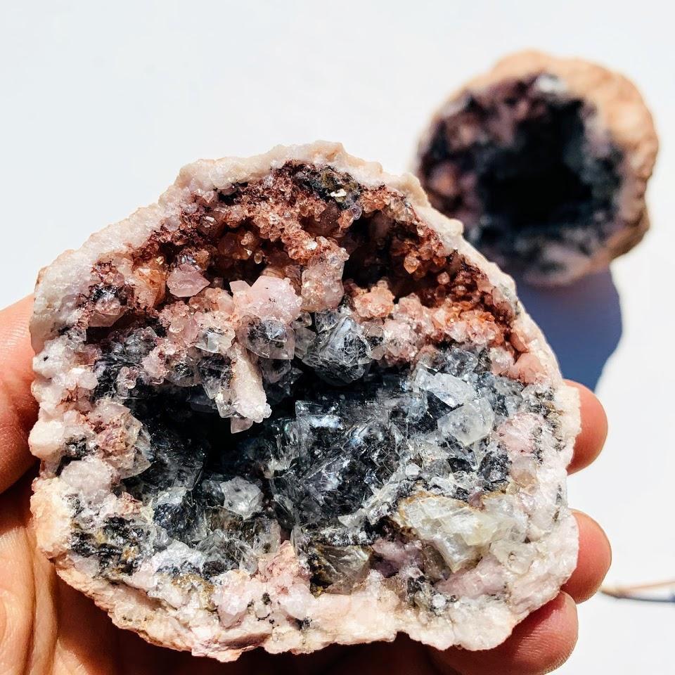 Complete Geode Set of 2 Matching Halves~Pink Amethyst With Black & Clear Calcite Inclusions From Patagonia - Earth Family Crystals