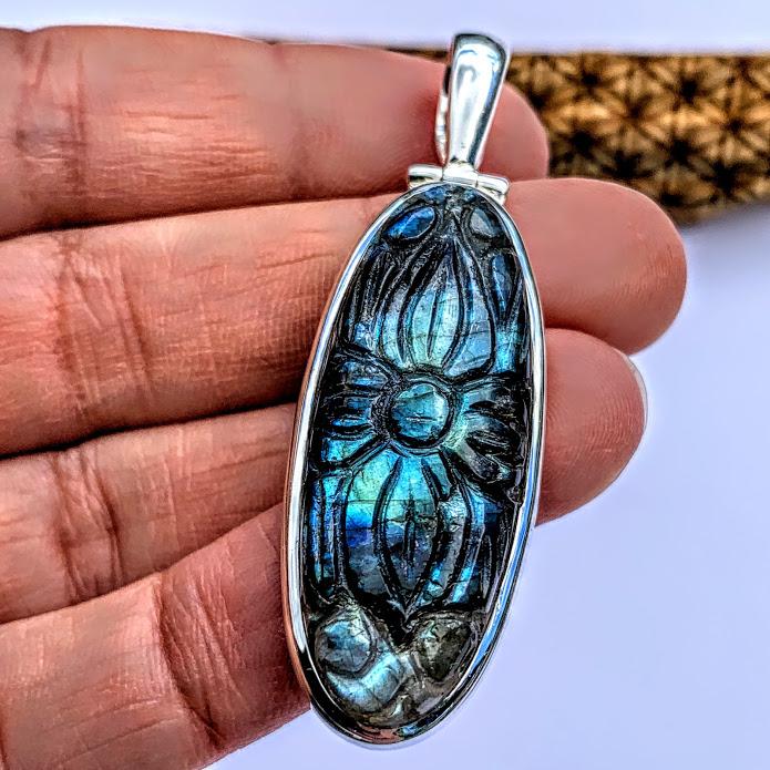 Fabulous Flower Carved Labradorite Pendant in Sterling Silver (Includes Silver Chain) #1 - Earth Family Crystals