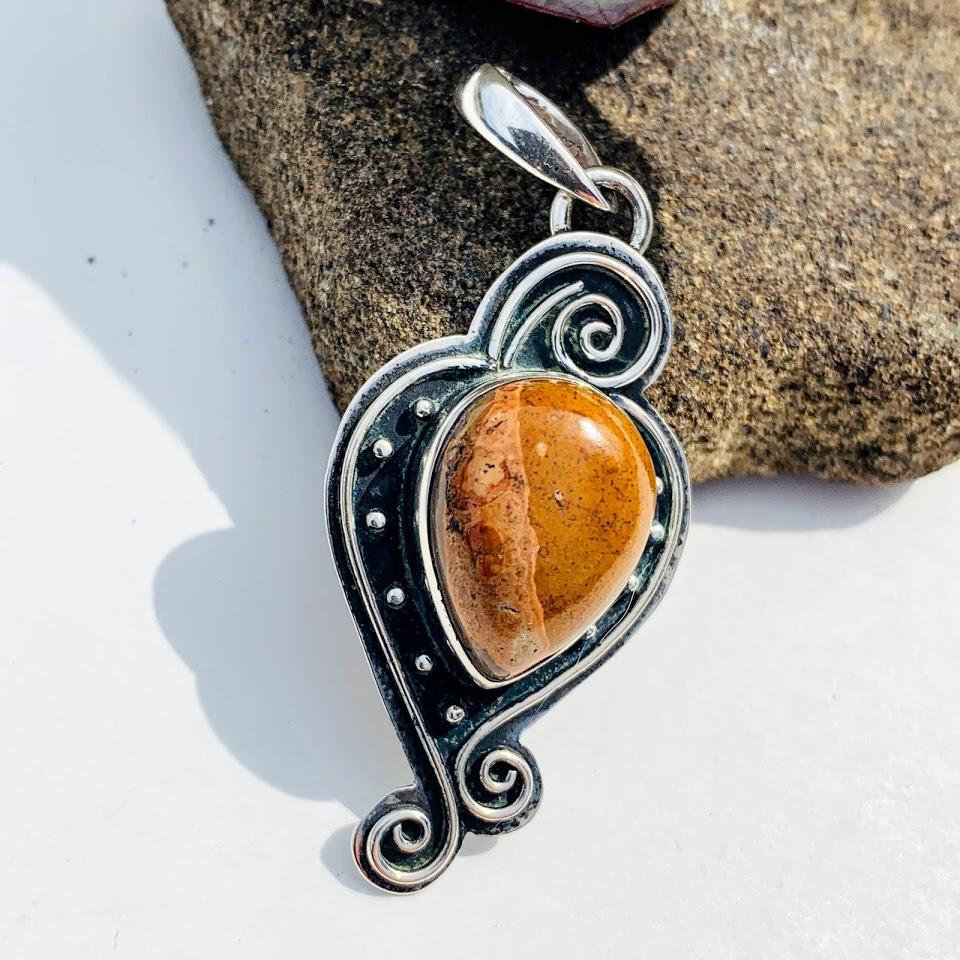 Golden Leopard Skin Jasper Elegant Oxidized  Sterling Silver Pendant (Includes Silver Chain) - Earth Family Crystals