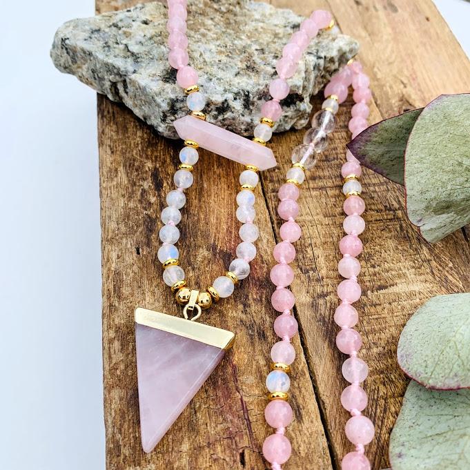 Gorgeous Beaded Rose Quartz & Rainbow Moonstone Long Mala Style Necklace - Earth Family Crystals