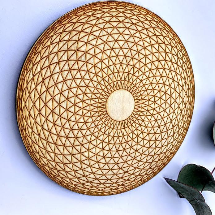 Crystal Mandala Set -Includes Torus Yantra Hypnotic Eye Birch Wood Board, Natural Golden Spirit Quartz & 6 Golden Healer Quartz Points - Earth Family Crystals