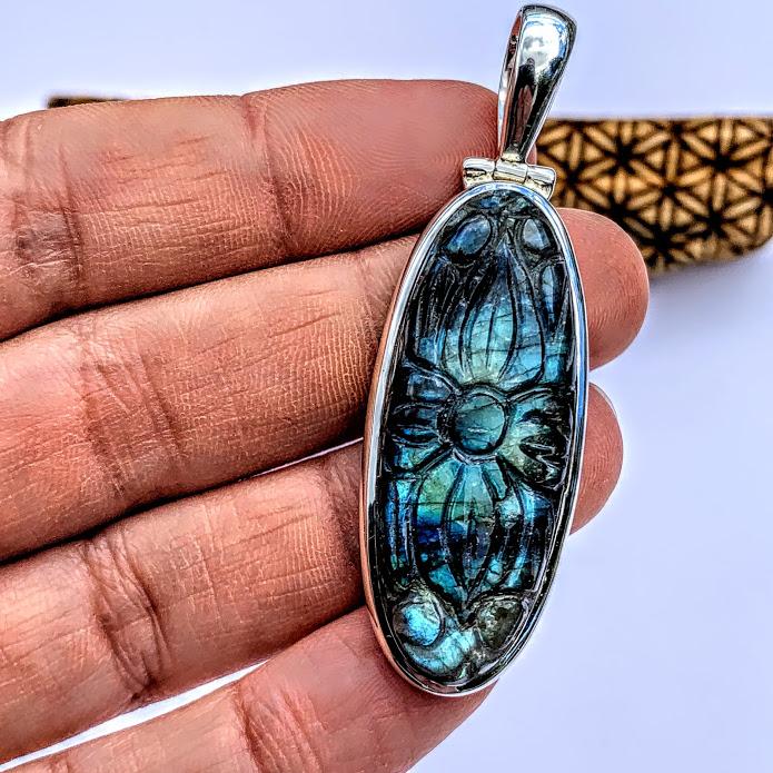 Fabulous Flower Carved Labradorite Pendant in Sterling Silver (Includes Silver Chain) #1 - Earth Family Crystals