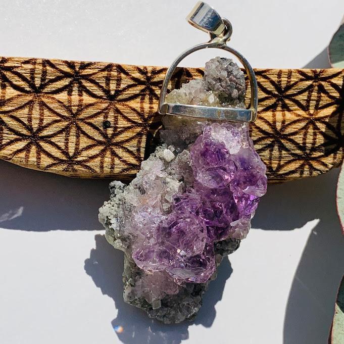 Breathtaking Gemmy Raw Lavender Amethyst Flower on Matrix Sterling Silver Pendant (Includes Silver Chain) - Earth Family Crystals