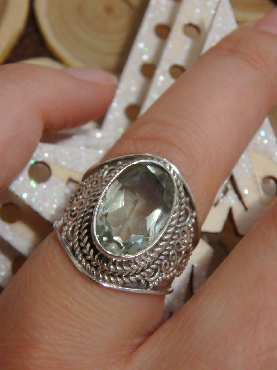 Stunning Brilliance Faceted Rare Prasiolite (Green Amethyst) Ring in Sterling Silver (Size 6) - Earth Family Crystals