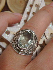 Stunning Brilliance Faceted Rare Prasiolite (Green Amethyst) Ring in Sterling Silver (Size 6) - Earth Family Crystals