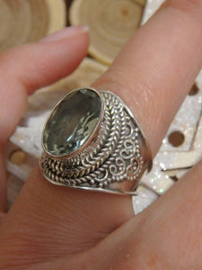 Stunning Brilliance Faceted Rare Prasiolite (Green Amethyst) Ring in Sterling Silver (Size 6) - Earth Family Crystals