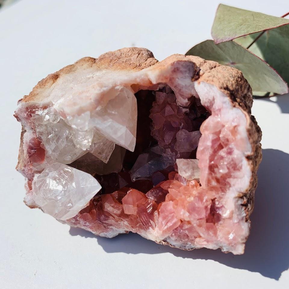Deep Magenta Pink Amethyst & Clear Stellar Beam Calcite Included Geode from Patagonia - Earth Family Crystals