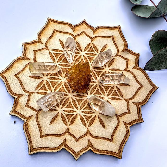 Crystal Mandala Set -Includes Flower of Life Lotus Birch Wood Board, Natural Golden Spirit Quartz & 6 Golden Healer Quartz Points - Earth Family Crystals
