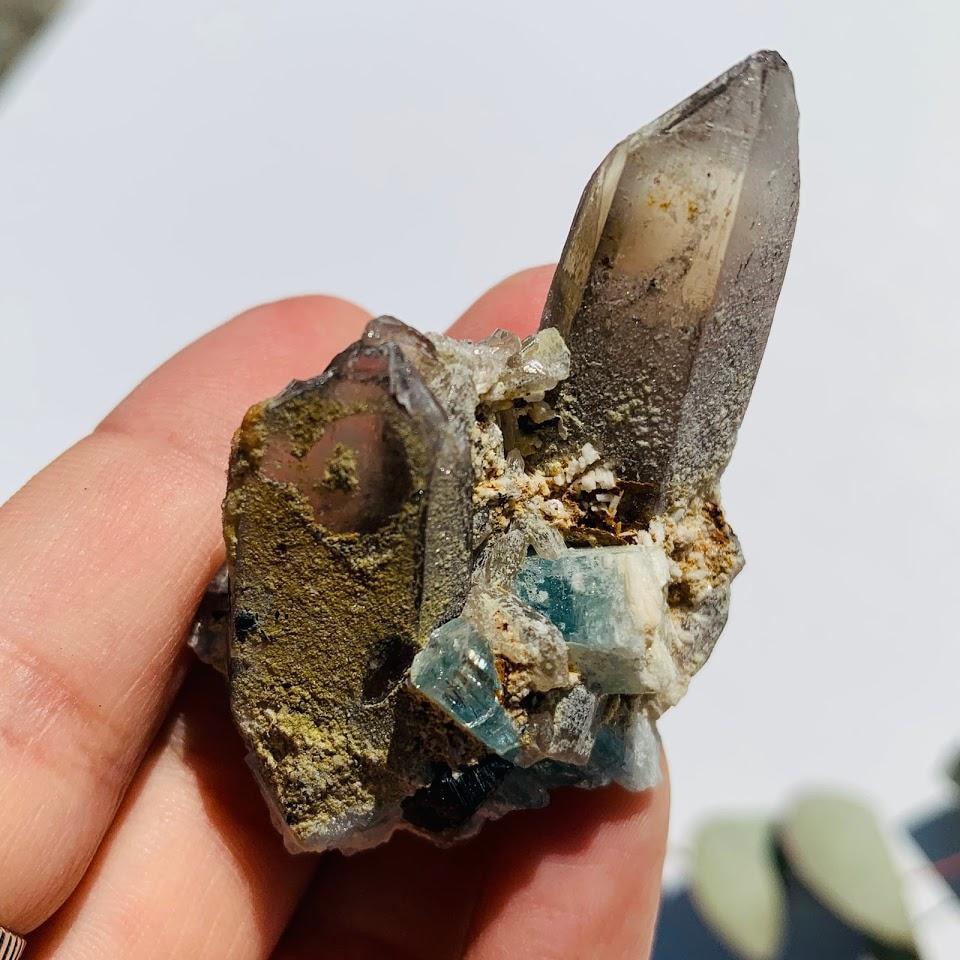 Blue Aquamarine Smoky Quartz & Black Tourmaline Cluster From Brazil - Earth Family Crystals