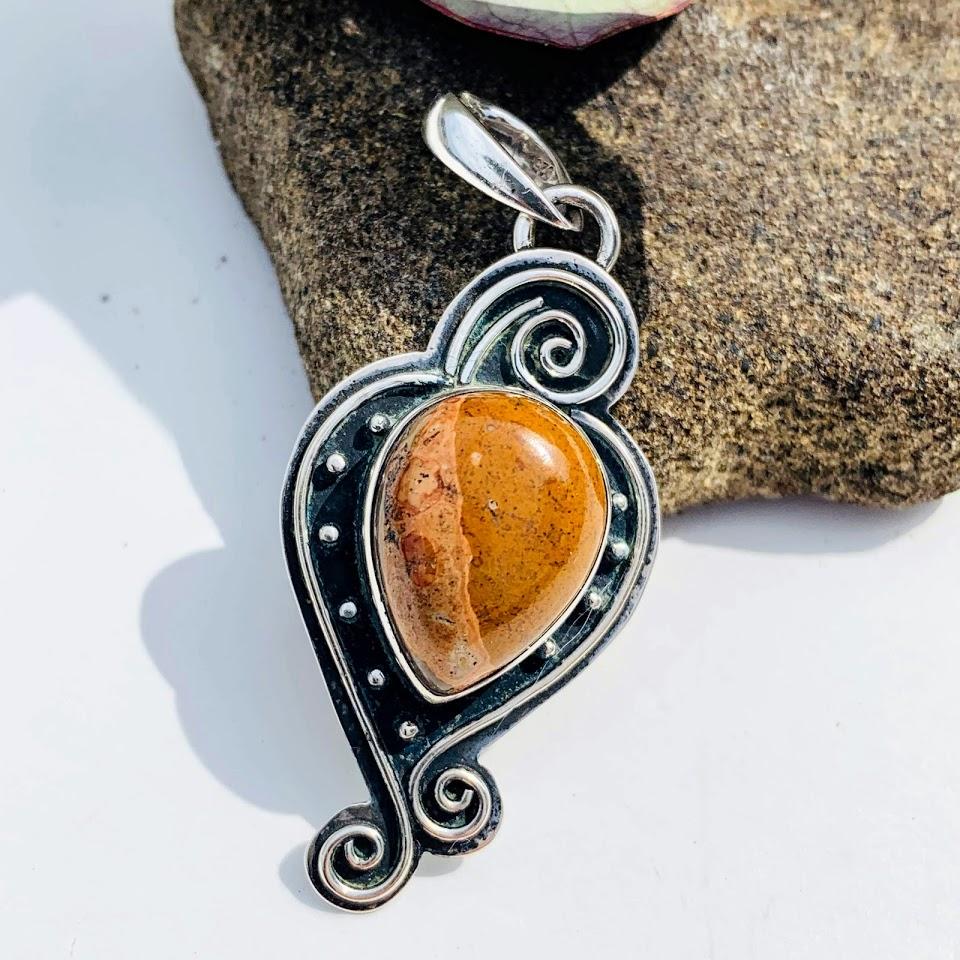 Golden Leopard Skin Jasper Elegant Oxidized  Sterling Silver Pendant (Includes Silver Chain) - Earth Family Crystals