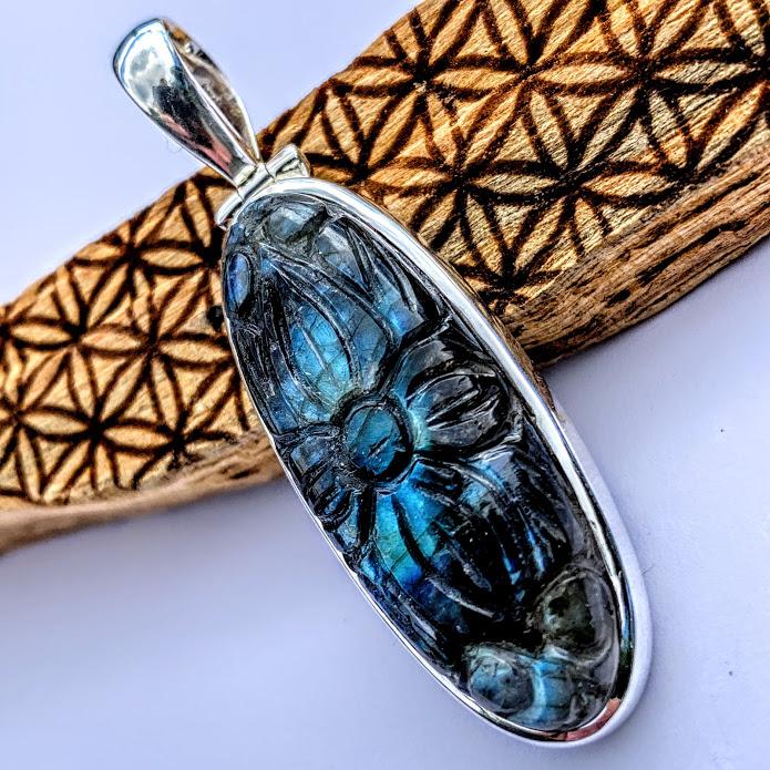 Fabulous Flower Carved Labradorite Pendant in Sterling Silver (Includes Silver Chain) #1 - Earth Family Crystals