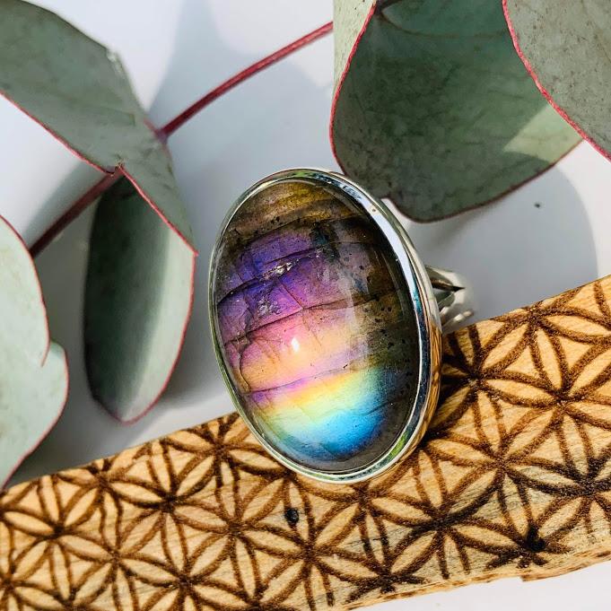 Pink, Purple & Rainbow Flash Labradorite Ring in Sterling Silver (Size 8.5) - Earth Family Crystals