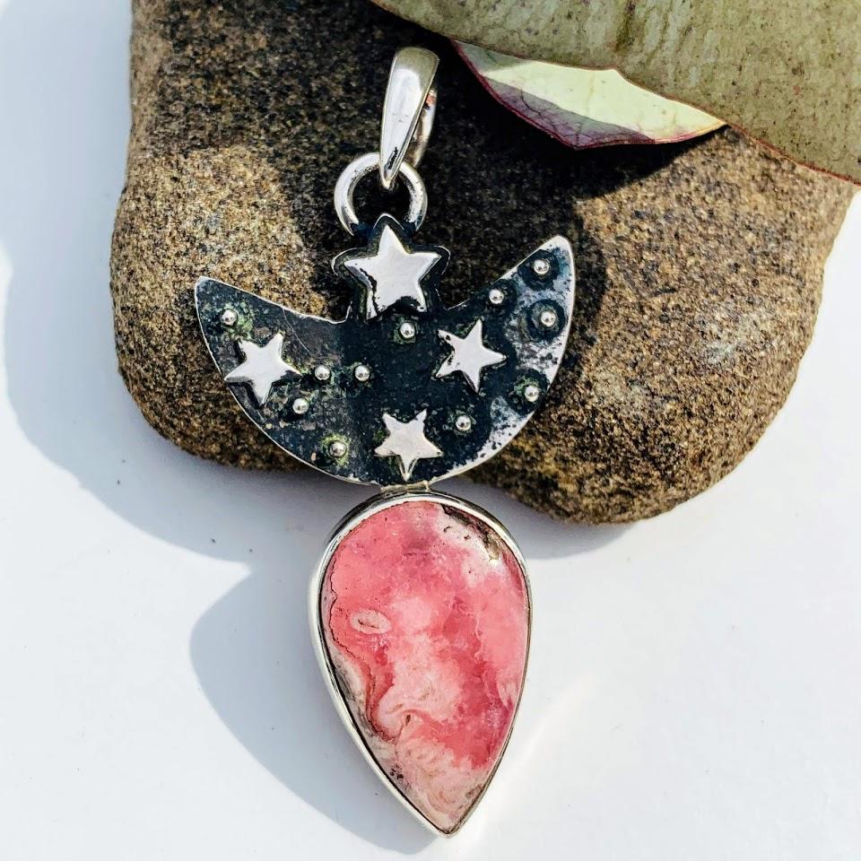 Trendy Crescent Moon & Stars Rhodochrosite Oxidized Sterling Silver Pendant (Includes Silver Chain) - Earth Family Crystals