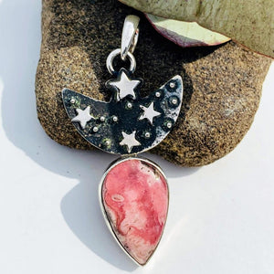 Trendy Crescent Moon & Stars Rhodochrosite Oxidized Sterling Silver Pendant (Includes Silver Chain) - Earth Family Crystals