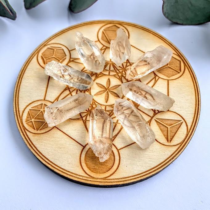 Crystal Mandala Set- 8 Golden Healer Mini Points & Mini Sacred Geometry Birch Wood Board - Earth Family Crystals