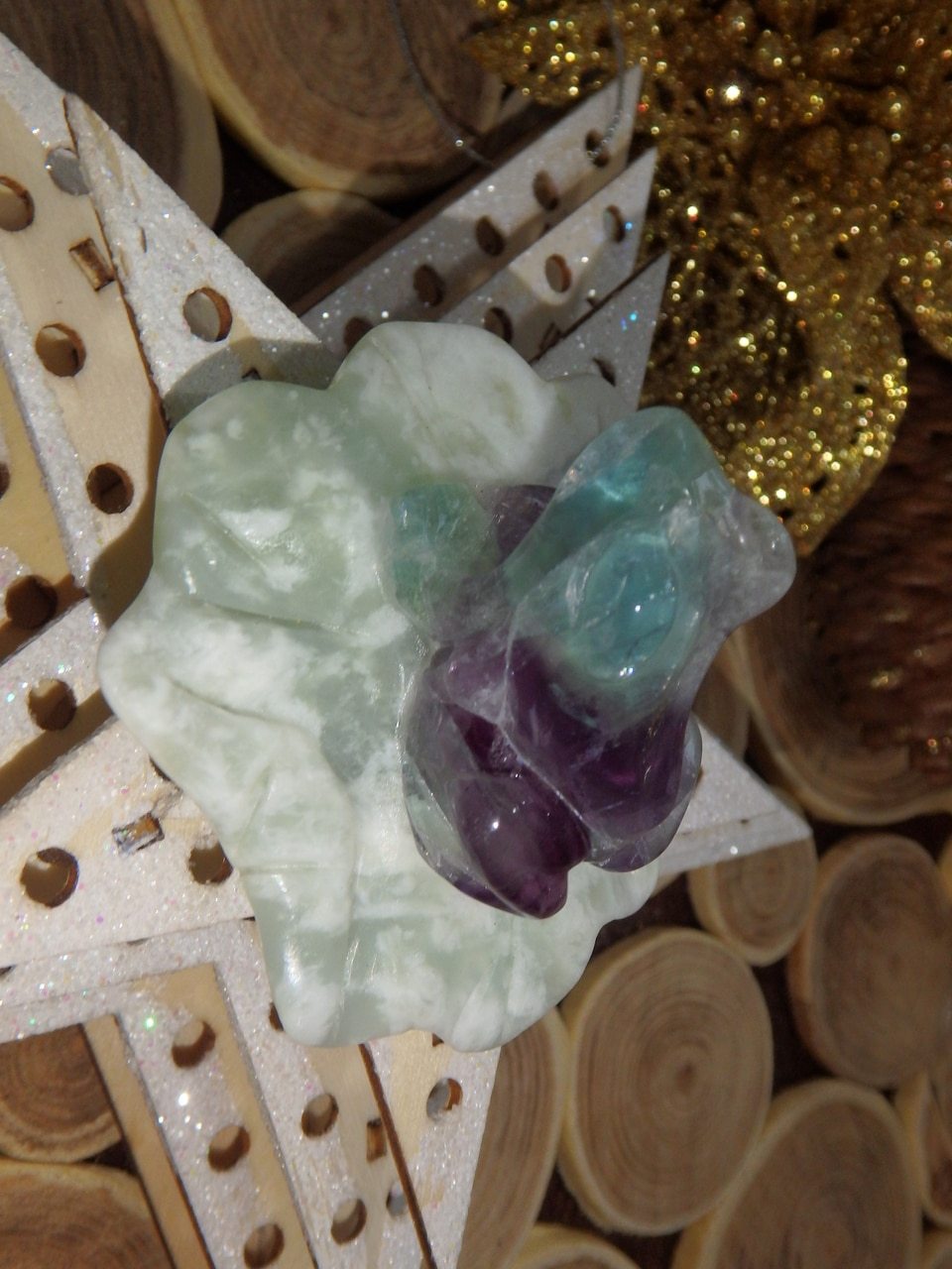 Precious Rainbow Fluorite Frog Carving on Mint Green Jade Lily Pad 1 - Earth Family Crystals