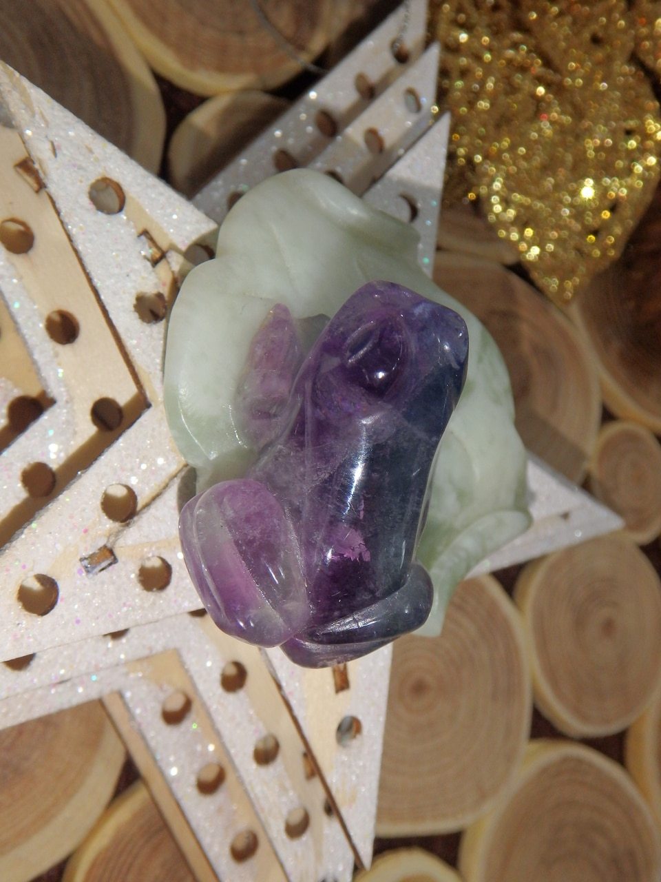 Precious Rainbow Fluorite Frog Carving on Mint Green Jade Lily Pad 2 - Earth Family Crystals