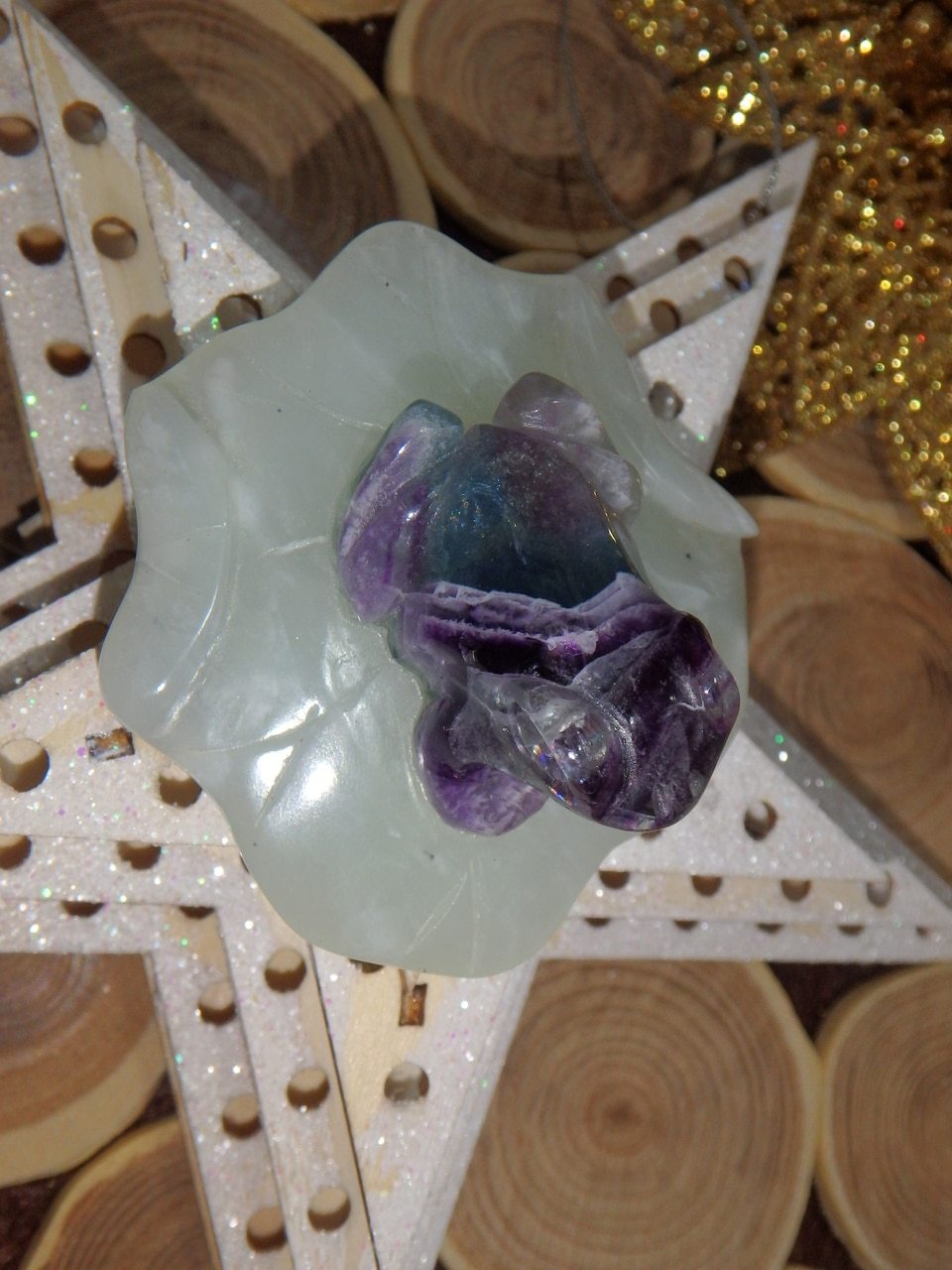 Precious Rainbow Fluorite Frog Carving on Mint Green Jade Lily Pad 3 - Earth Family Crystals