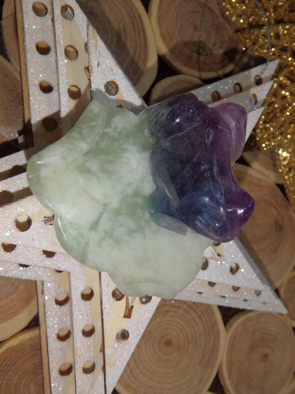 Precious Rainbow Fluorite Frog Carving on Mint Green Jade Lily Pad 2 - Earth Family Crystals