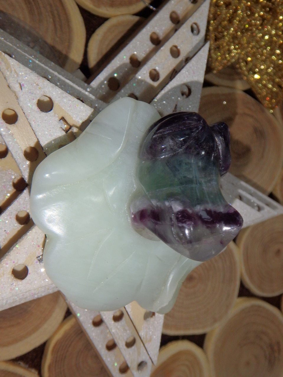 Precious Rainbow Fluorite Frog Carving on Mint Green Jade Lily Pad 4 - Earth Family Crystals
