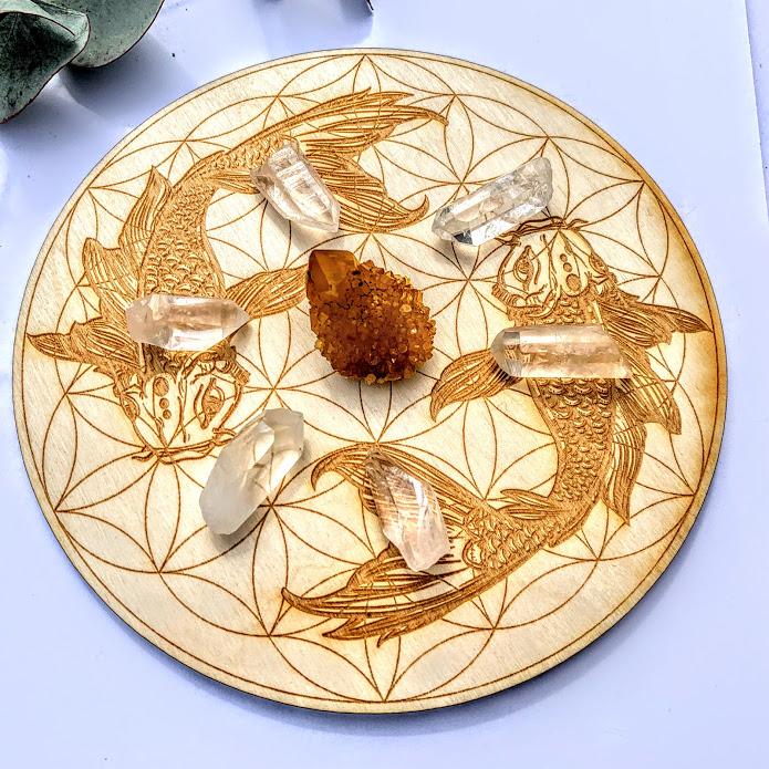 Crystal Mandala Set -Includes Koi Fish Flower of Life Birch Wood Board, Natural Golden Spirit Quartz & 6 Golden Healer Quartz Points - Earth Family Crystals