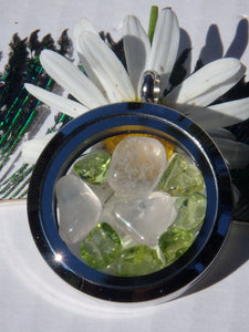 Sweet Pink Rose Quartz & Peridot Floating in Locket Style Pendant in Stainless Steel (Includes Silver Chain) - Earth Family Crystals